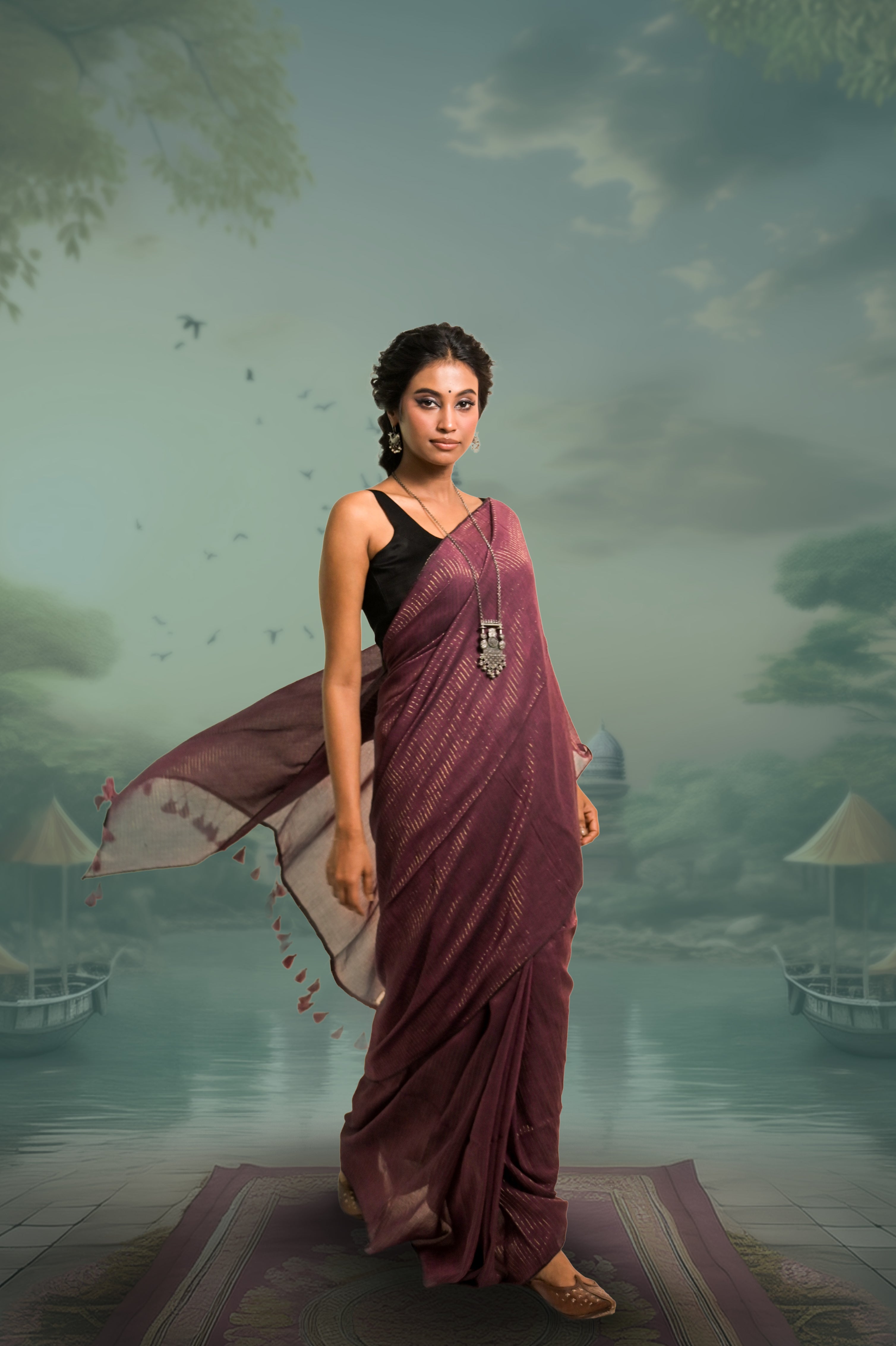 Kanchan Burgundy Handloom Mul Cotton Saree with Zari Stripes