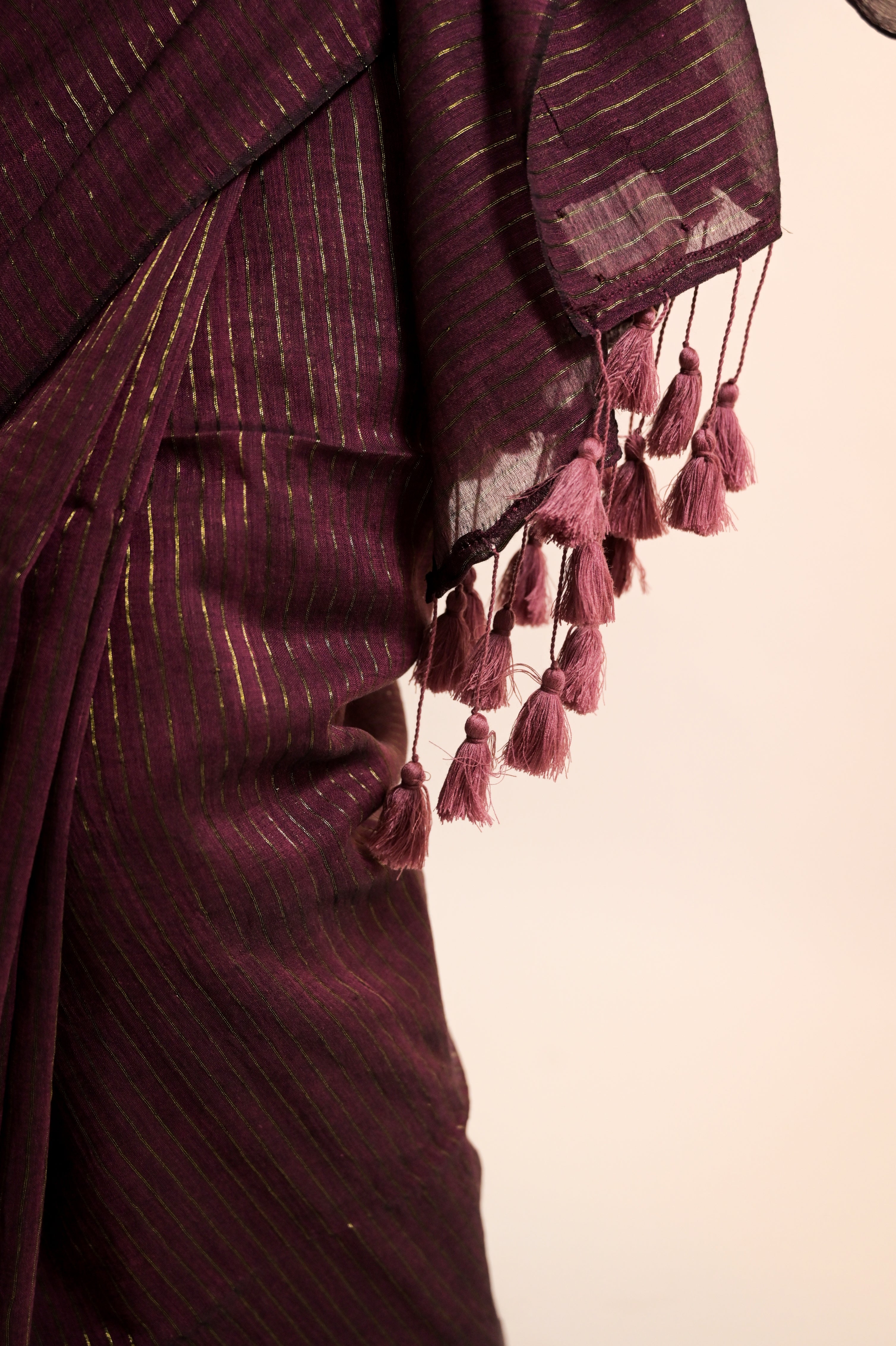 Kanchan Burgundy Handloom Mul Cotton Saree with Zari Stripes