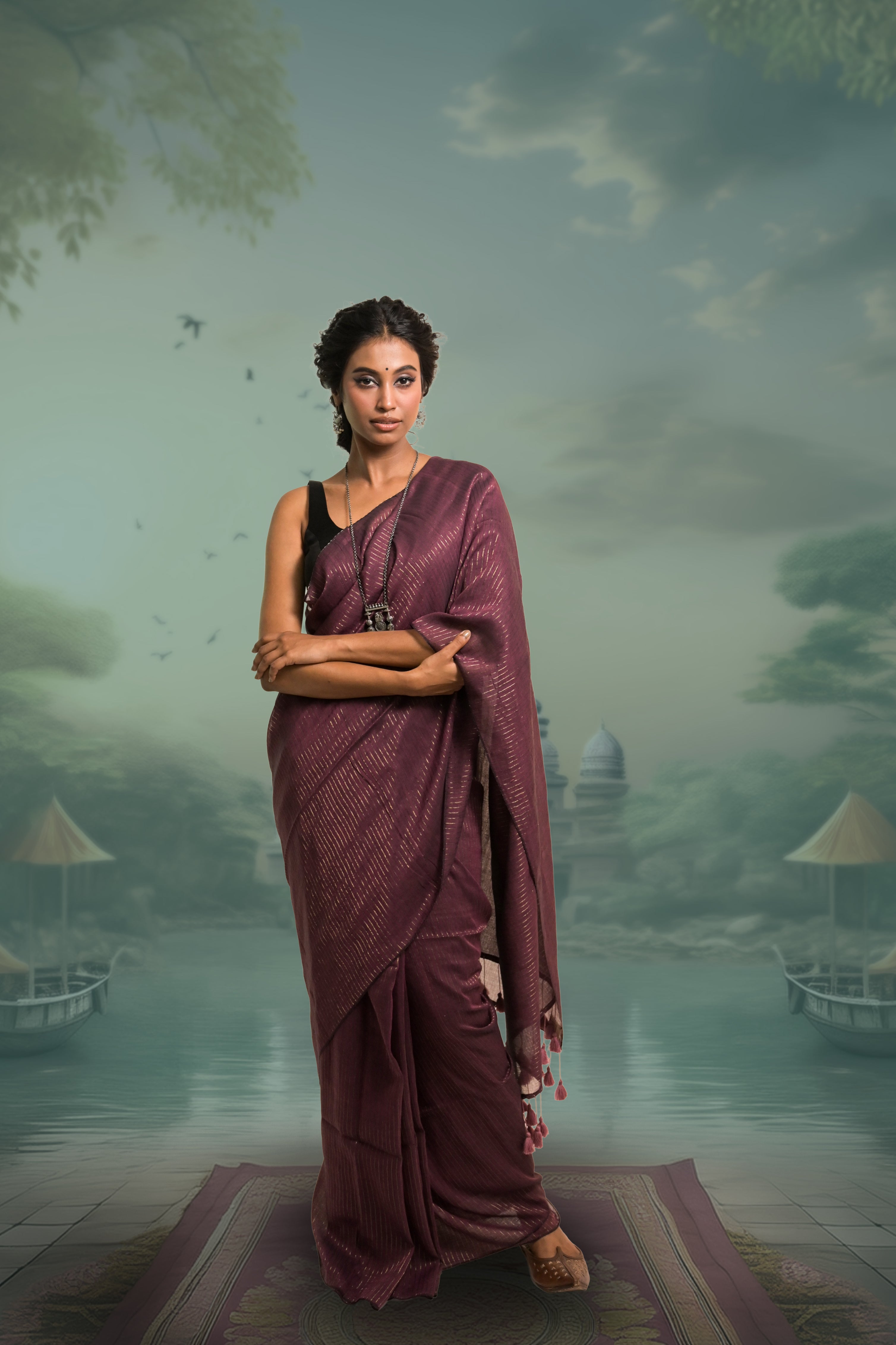 Kanchan Burgundy Handloom Mul Cotton Saree with Zari Stripes