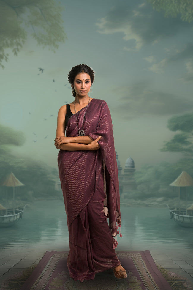 Kanchan Burgundy Handloom Mul Cotton Saree with Zari Stripes