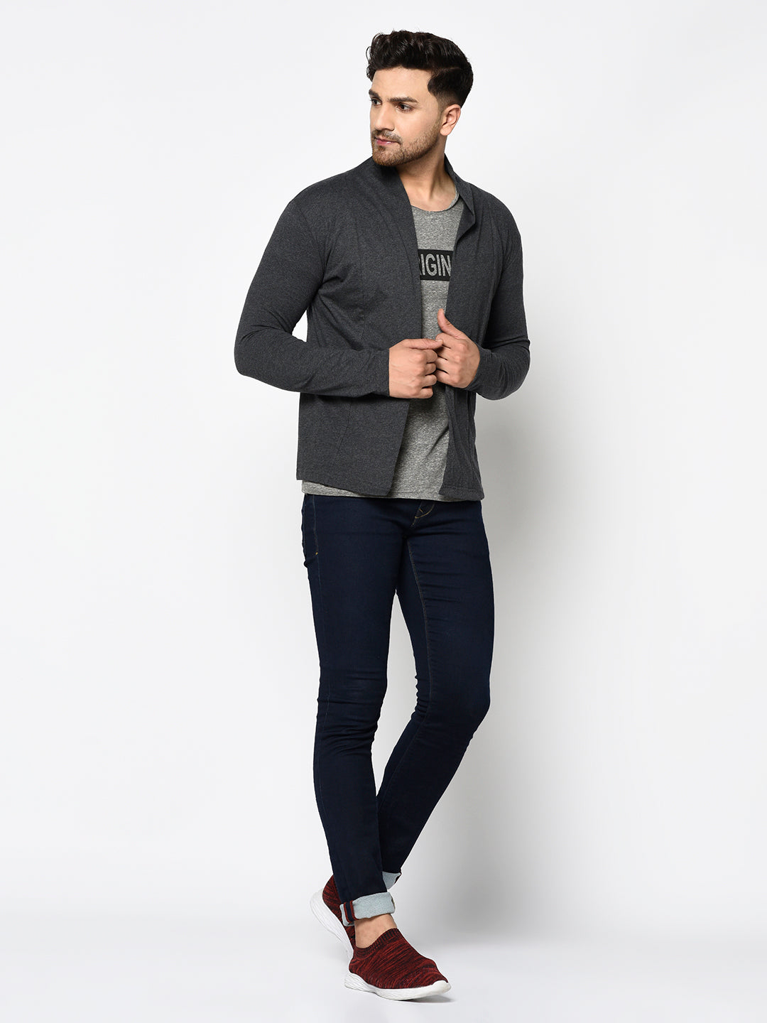 Men Back Printed Cotton Fabric Open Long Cardigan