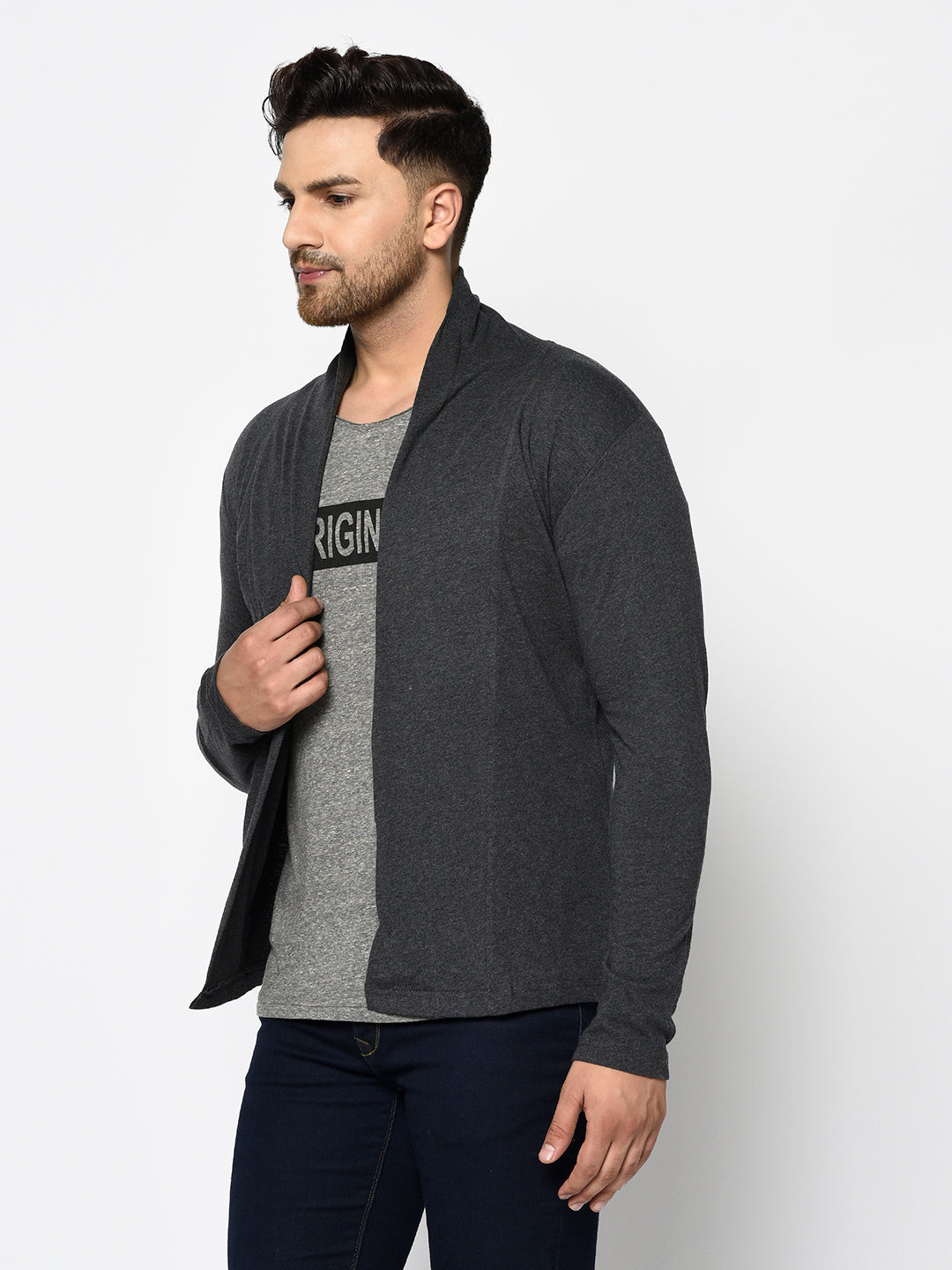 Men Back Printed Cotton Fabric Open Long Cardigan