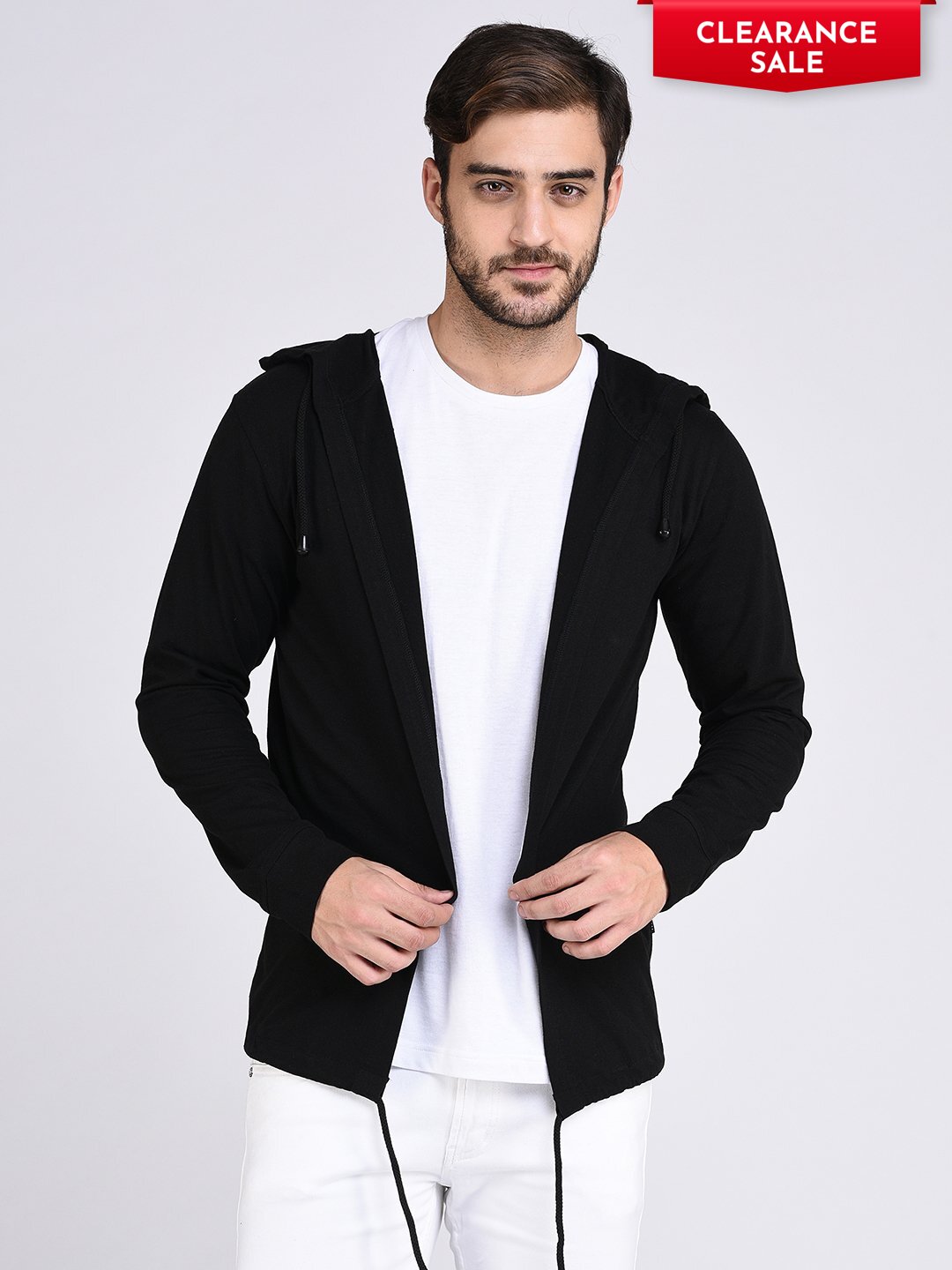 Men Black Hooded With Bottom Detailing Cardigan