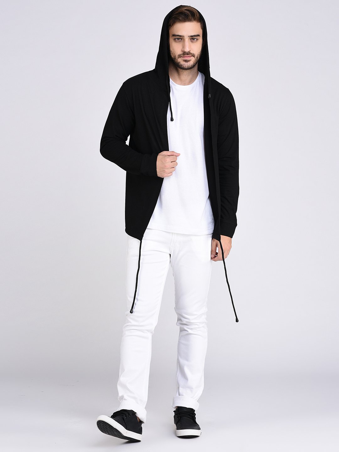Men Black Hooded With Bottom Detailing Cardigan