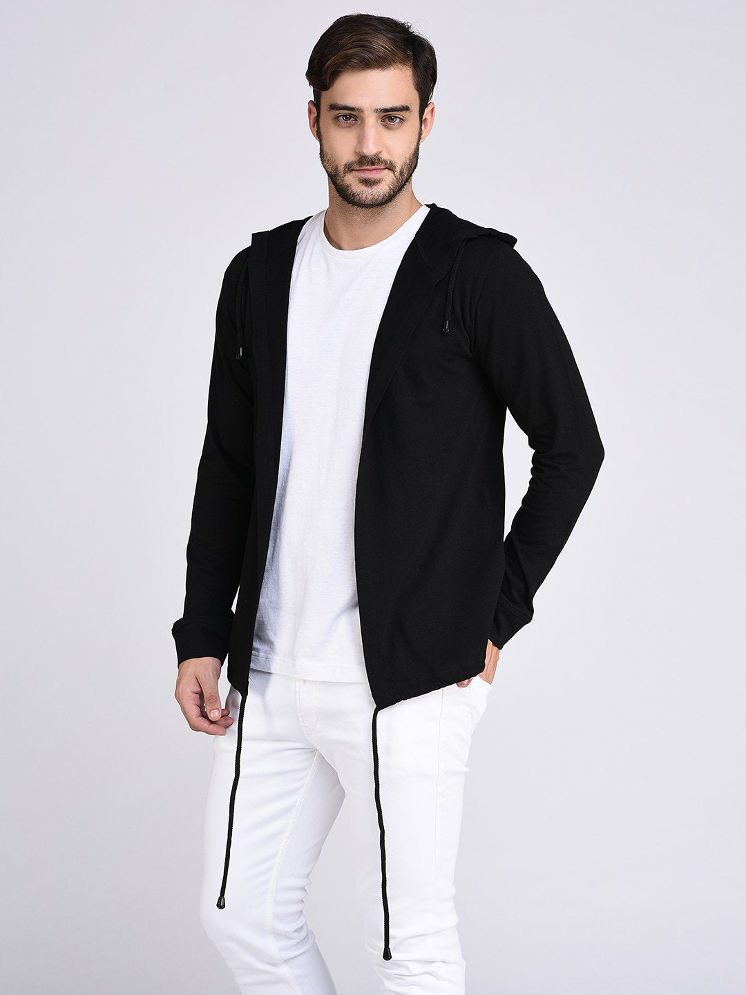 Men Black Hooded With Bottom Detailing Cardigan