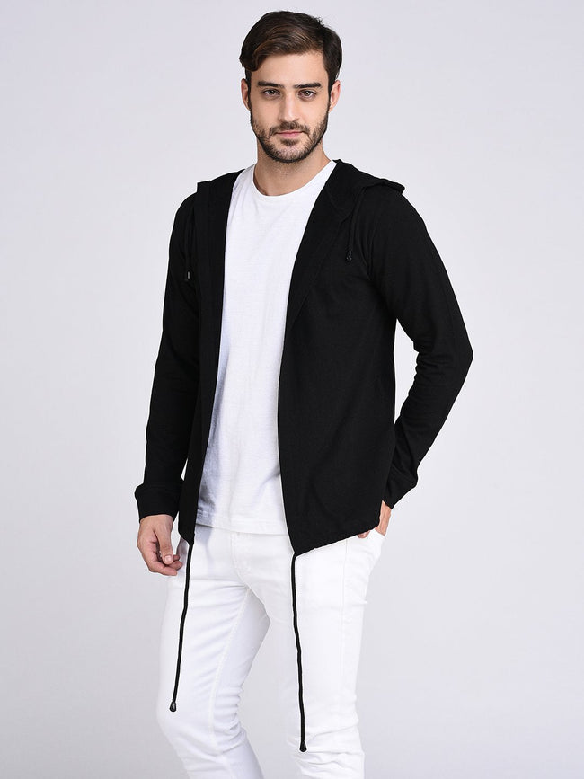 Men Black Hooded With Bottom Detailing Cardigan