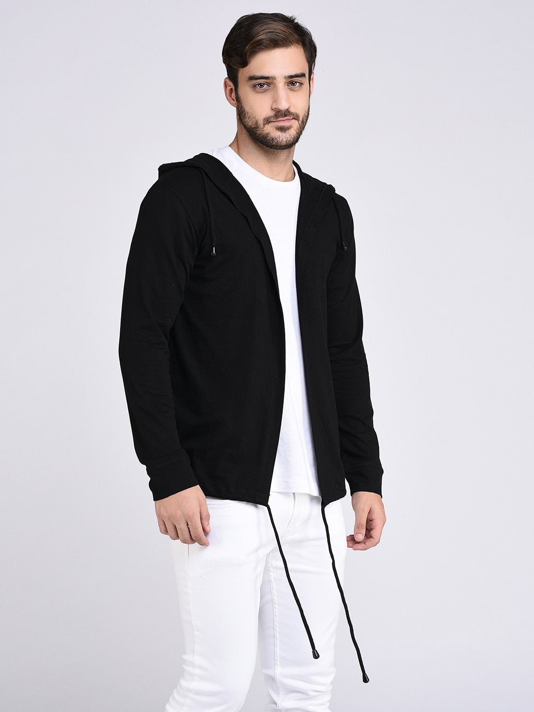 Men Black Hooded With Bottom Detailing Cardigan