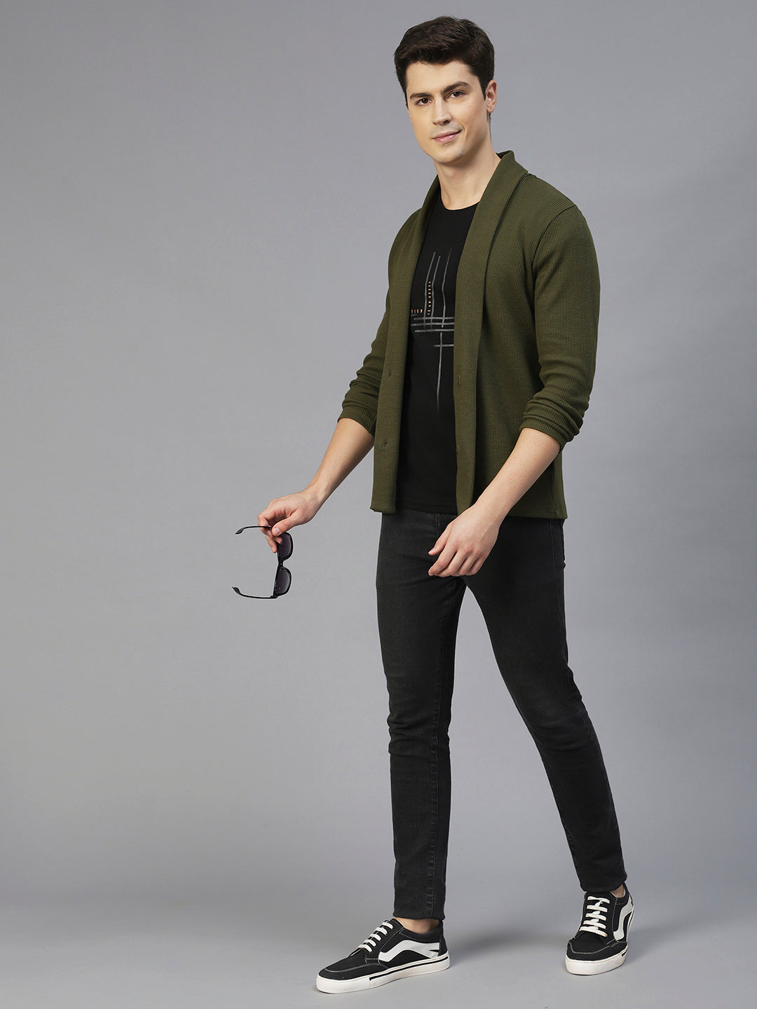 Men Olive Green Shawl Collar Waffle Knit Shrug