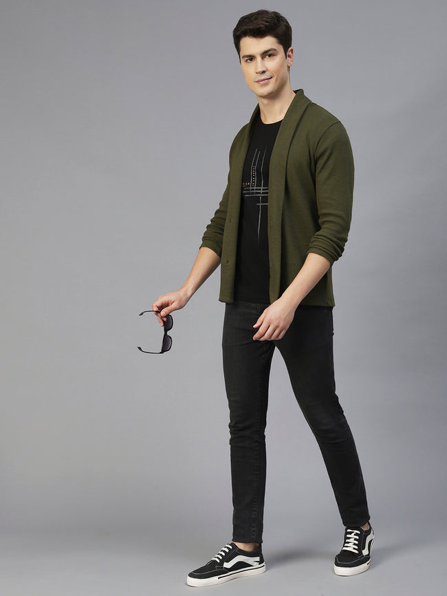 Men Olive Green Shawl Collar Waffle Knit Shrug