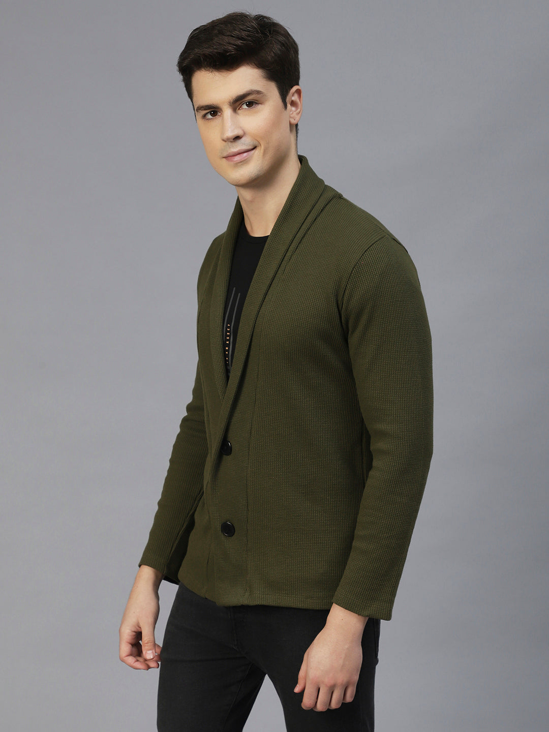 Men Olive Green Shawl Collar Waffle Knit Shrug