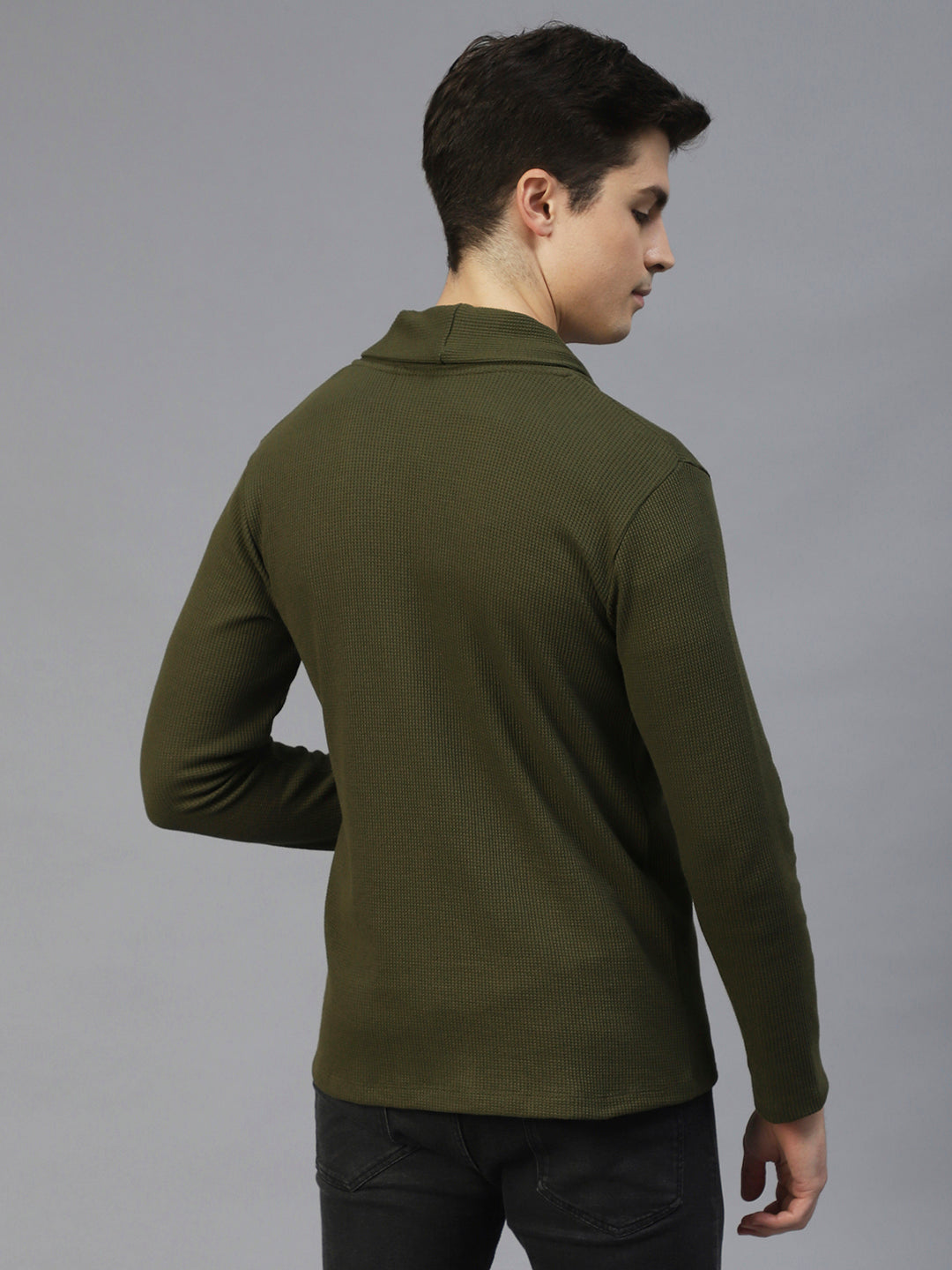 Men Olive Green Shawl Collar Waffle Knit Shrug