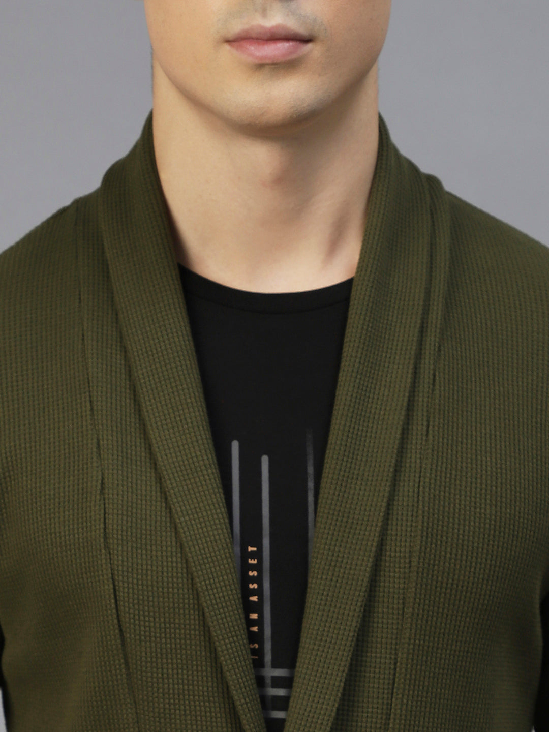 Men Olive Green Shawl Collar Waffle Knit Shrug