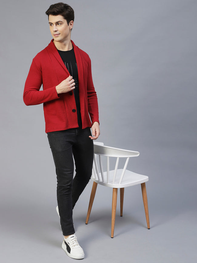 Men Maroon Shawl Collar Waffle Knit Shrug