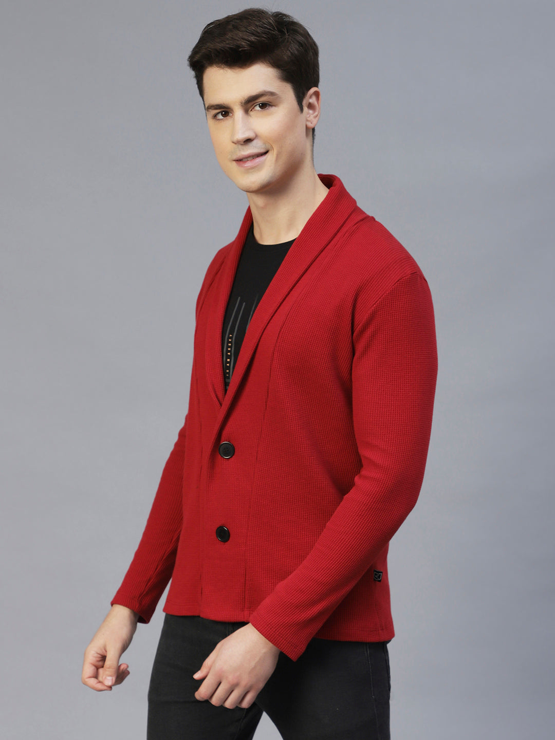 Men Maroon Shawl Collar Waffle Knit Shrug