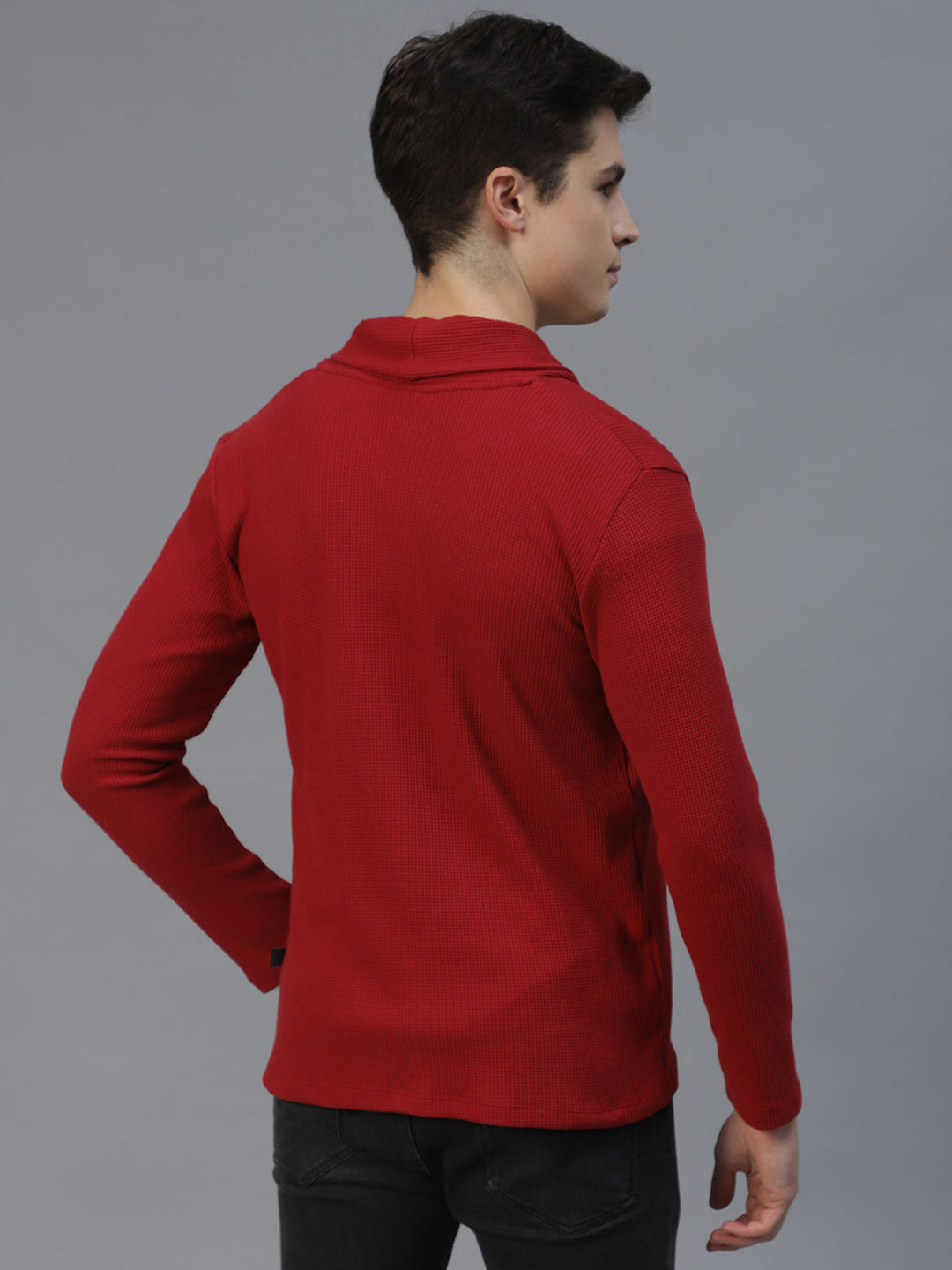 Men Maroon Shawl Collar Waffle Knit Shrug