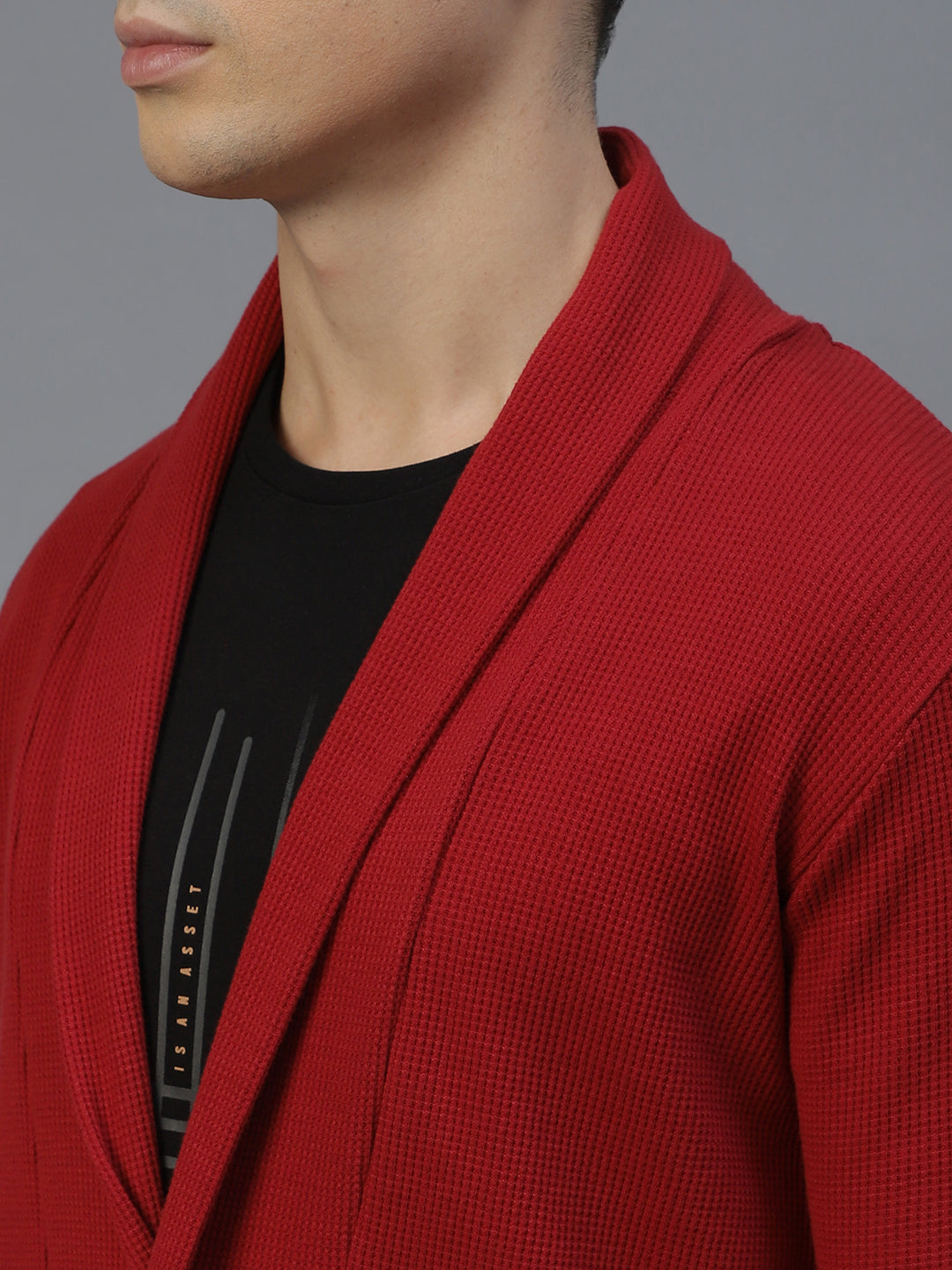 Men Maroon Shawl Collar Waffle Knit Shrug