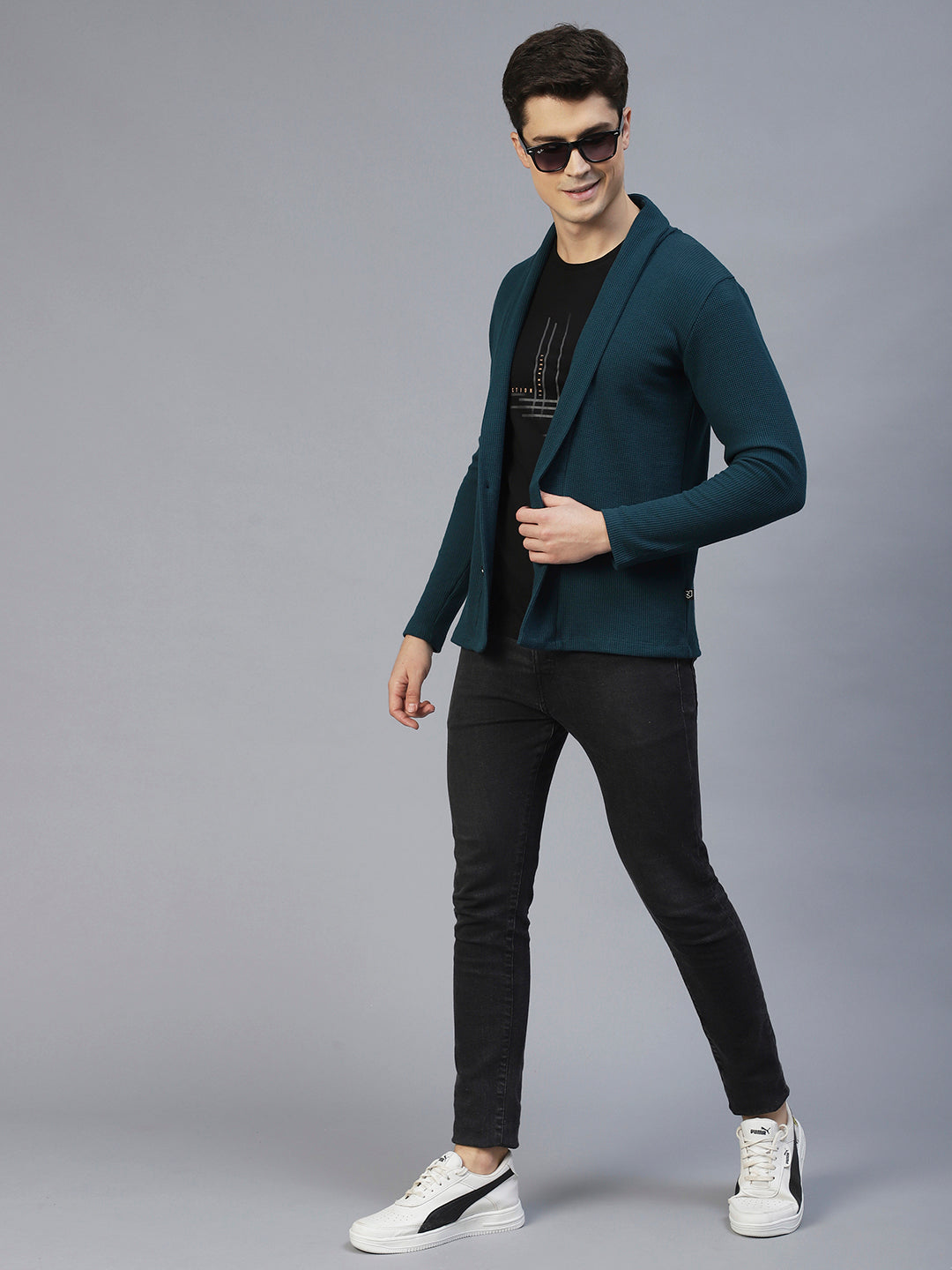 Men Teal Shawl Collar Waffle Knit Shrug