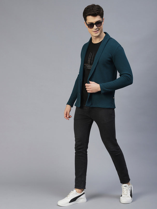 Men Teal Shawl Collar Waffle Knit Shrug