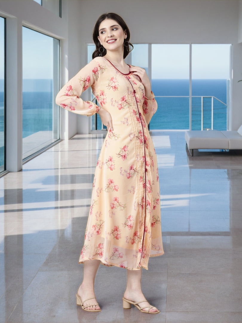 Women Peach Floral Chiffon Dress