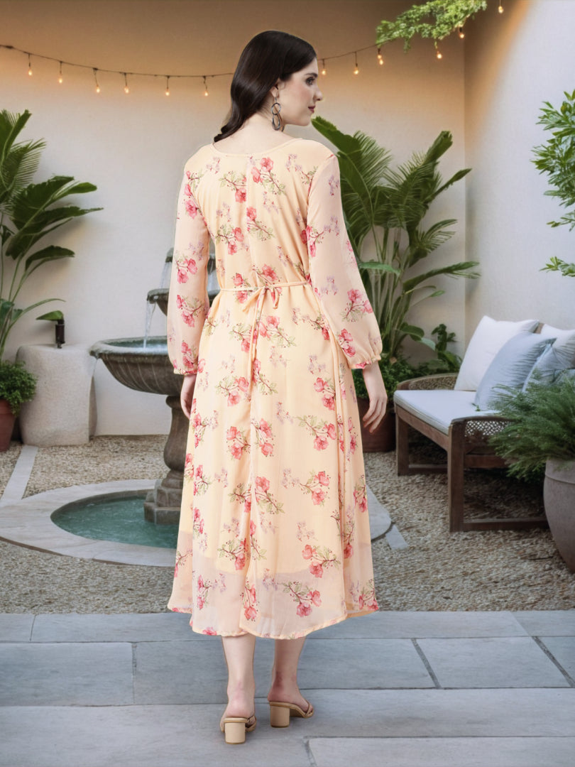Women Peach Floral Chiffon Dress