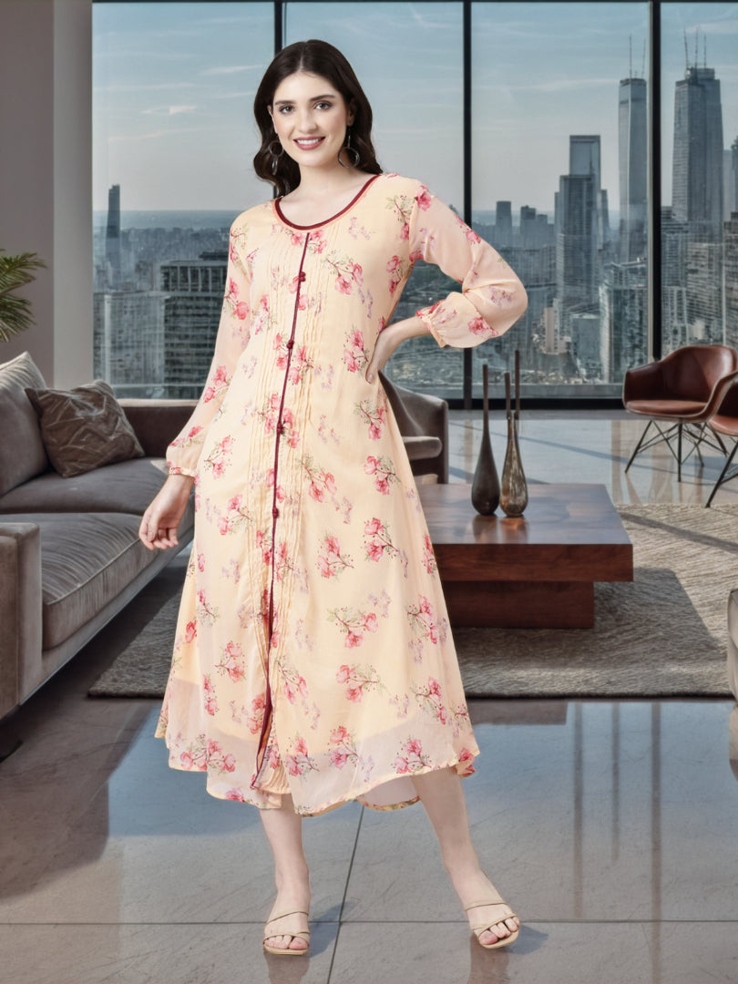 Women Peach Floral Chiffon Dress