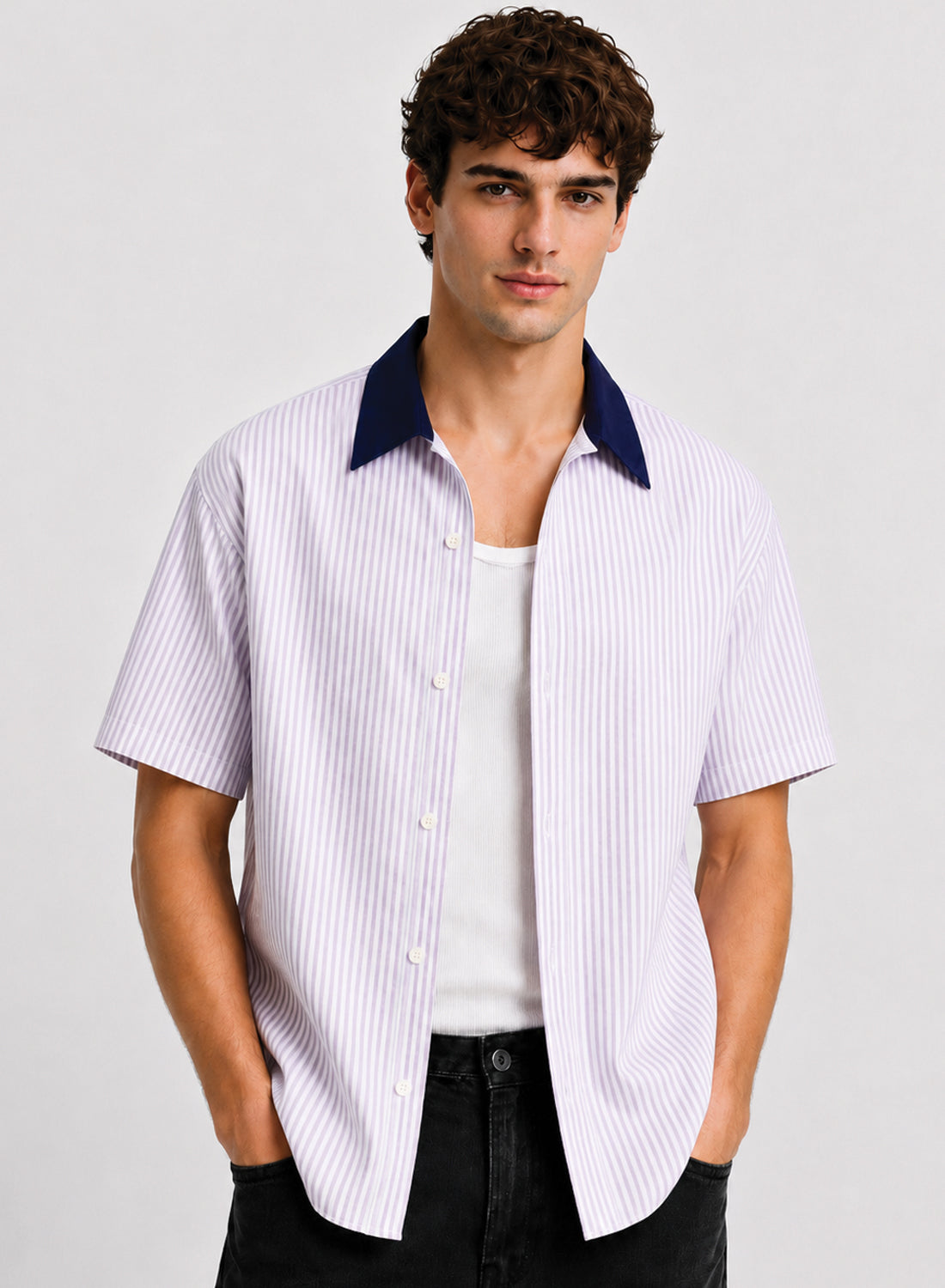 Men Lavender Striped Casual Shirt