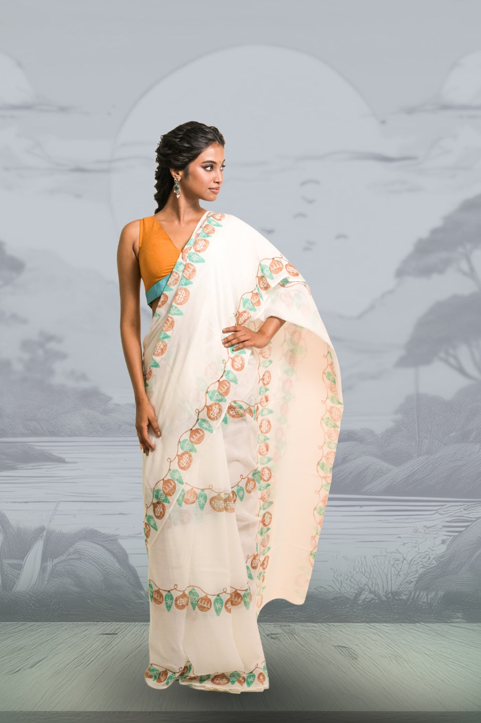 Light Up the Loom White Mul Cotton Saree with Handblock-Printed Strings of Lights