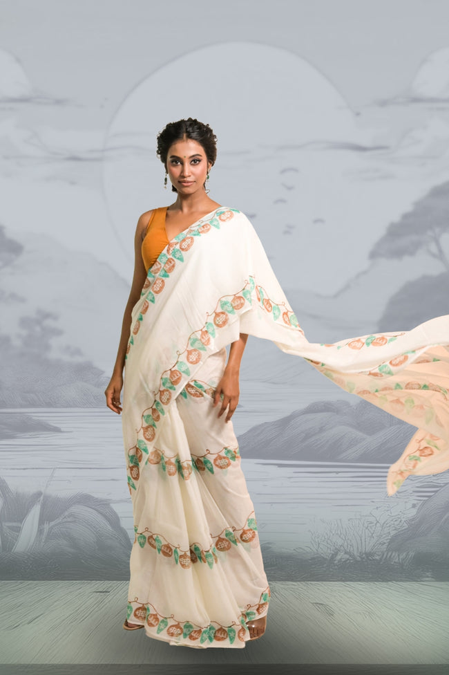 Light Up the Loom White Mul Cotton Saree with Handblock-Printed Strings of Lights