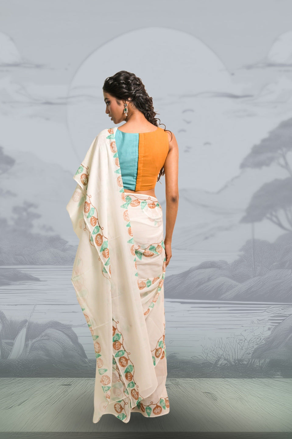Light Up the Loom White Mul Cotton Saree with Handblock-Printed Strings of Lights