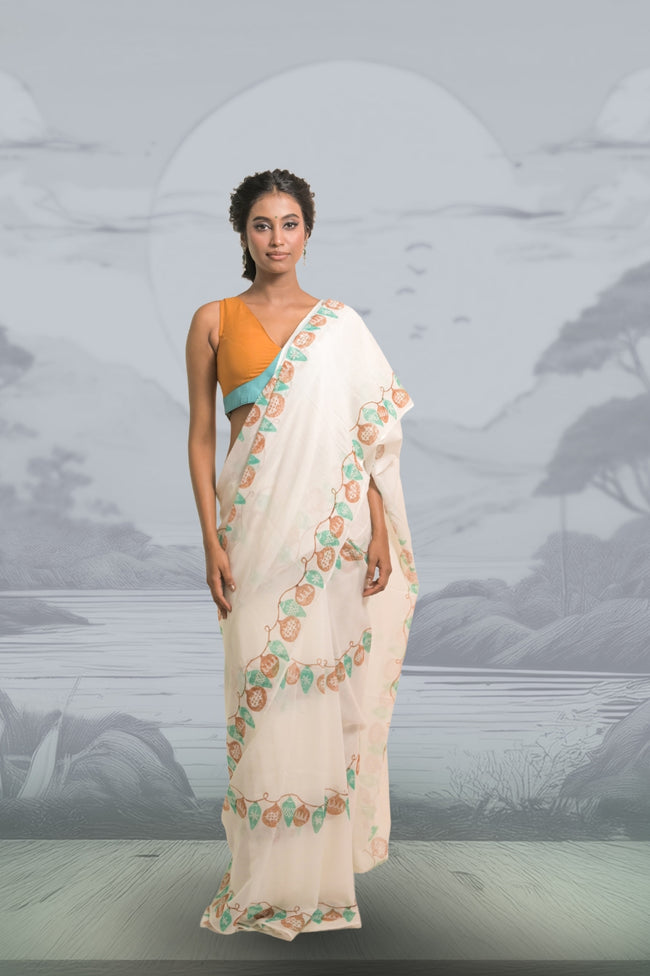 Light Up the Loom White Mul Cotton Saree with Handblock-Printed Strings of Lights