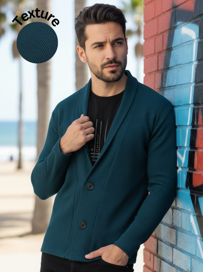 Men Teal Shawl Collar Waffle Knit Shrug