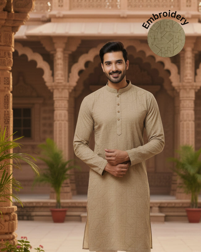 Men Beige Zig Zag Embroidered Kurta