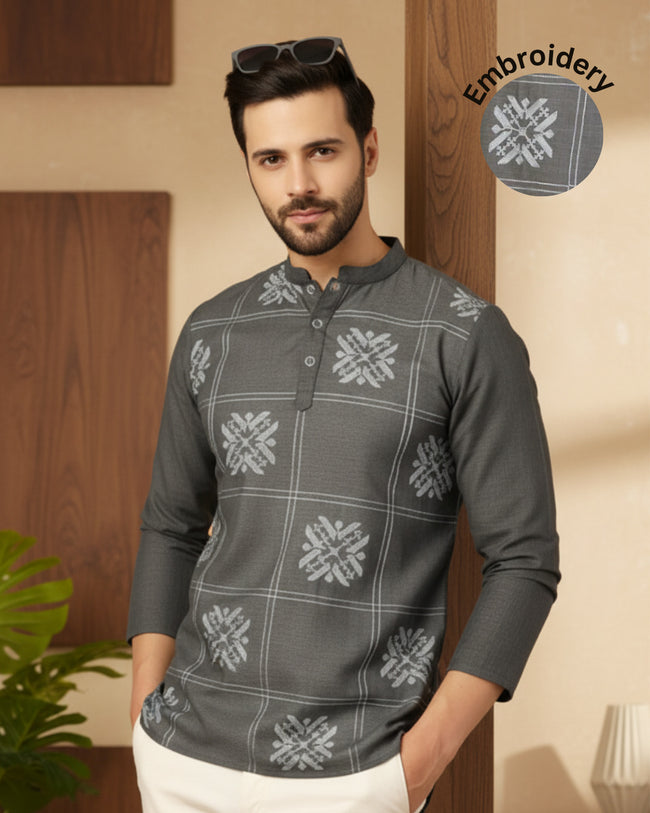 Men Grey Embroidered Kurta