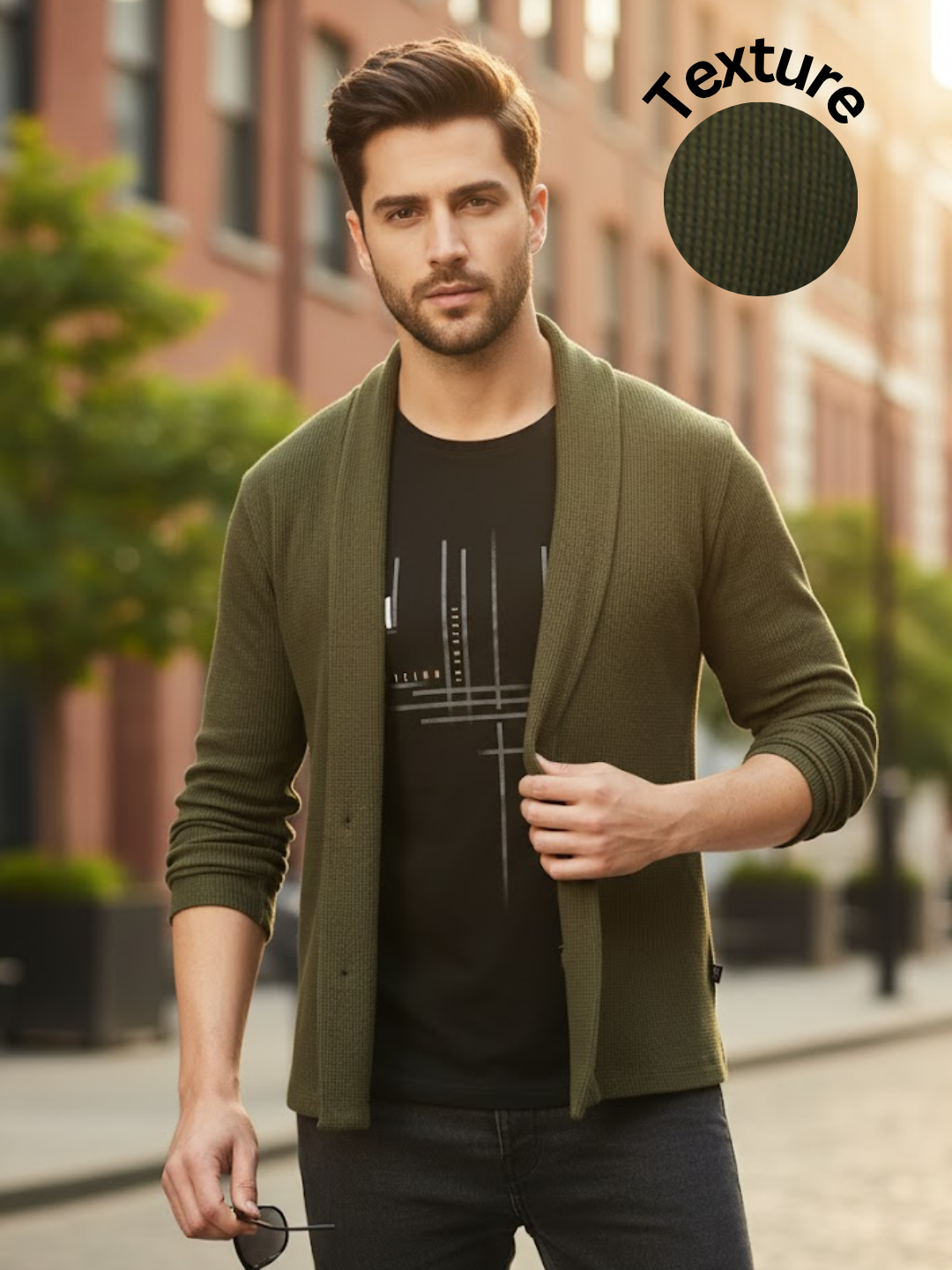 Men Olive Green Shawl Collar Waffle Knit Shrug