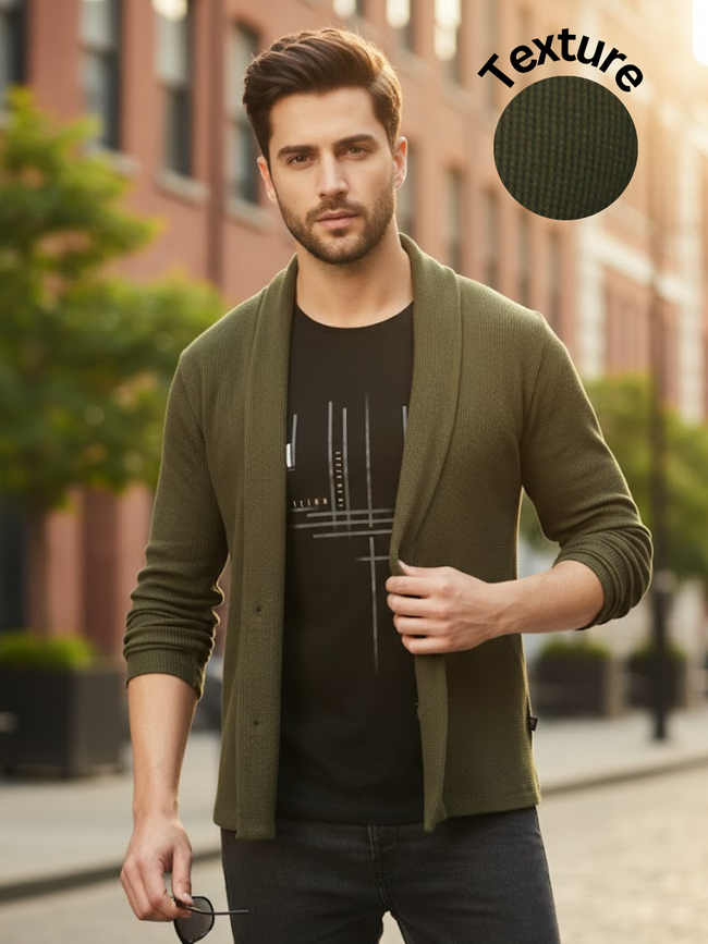 Men Olive Green Shawl Collar Waffle Knit Shrug
