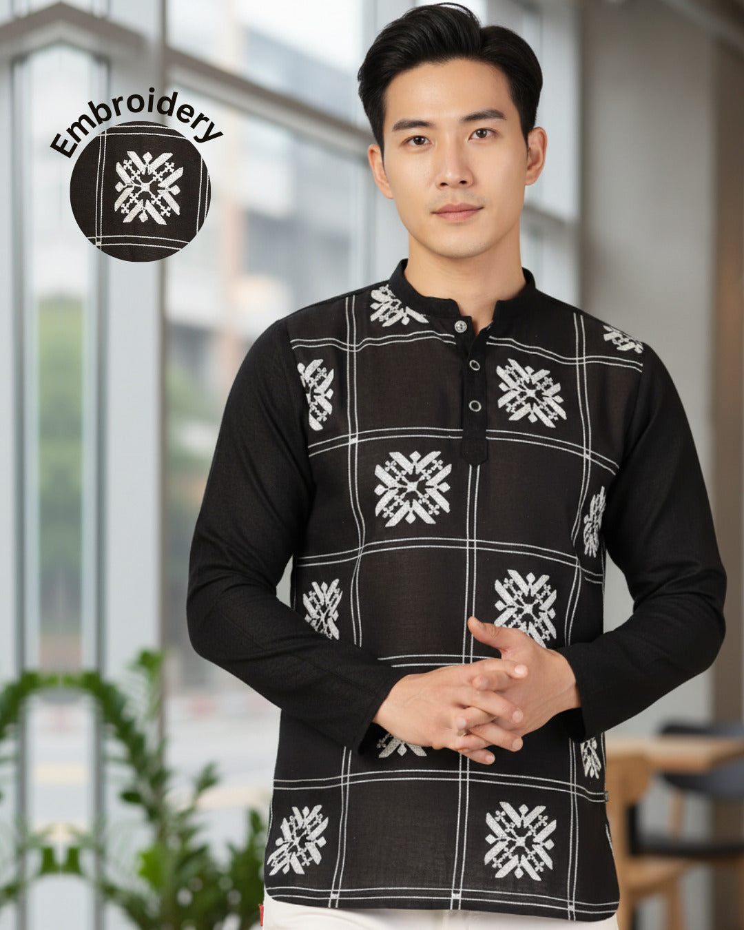Men Black Embroidered Kurta