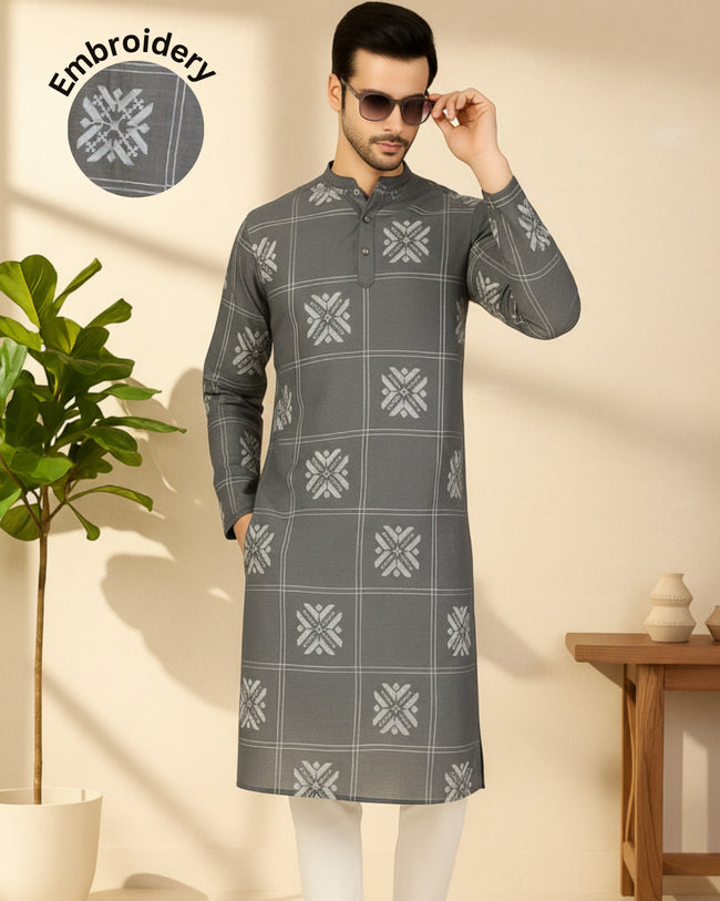 Men Grey Embroidered Kurta