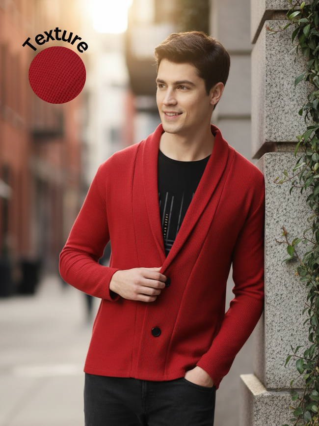 Men Maroon Shawl Collar Waffle Knit Shrug