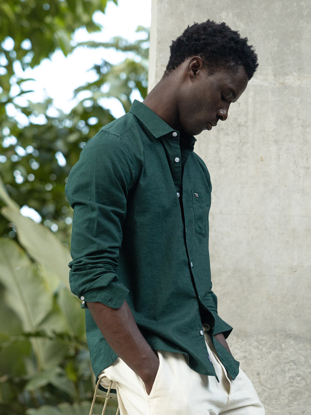 Men Green Cotton Linen Solid Shirt
