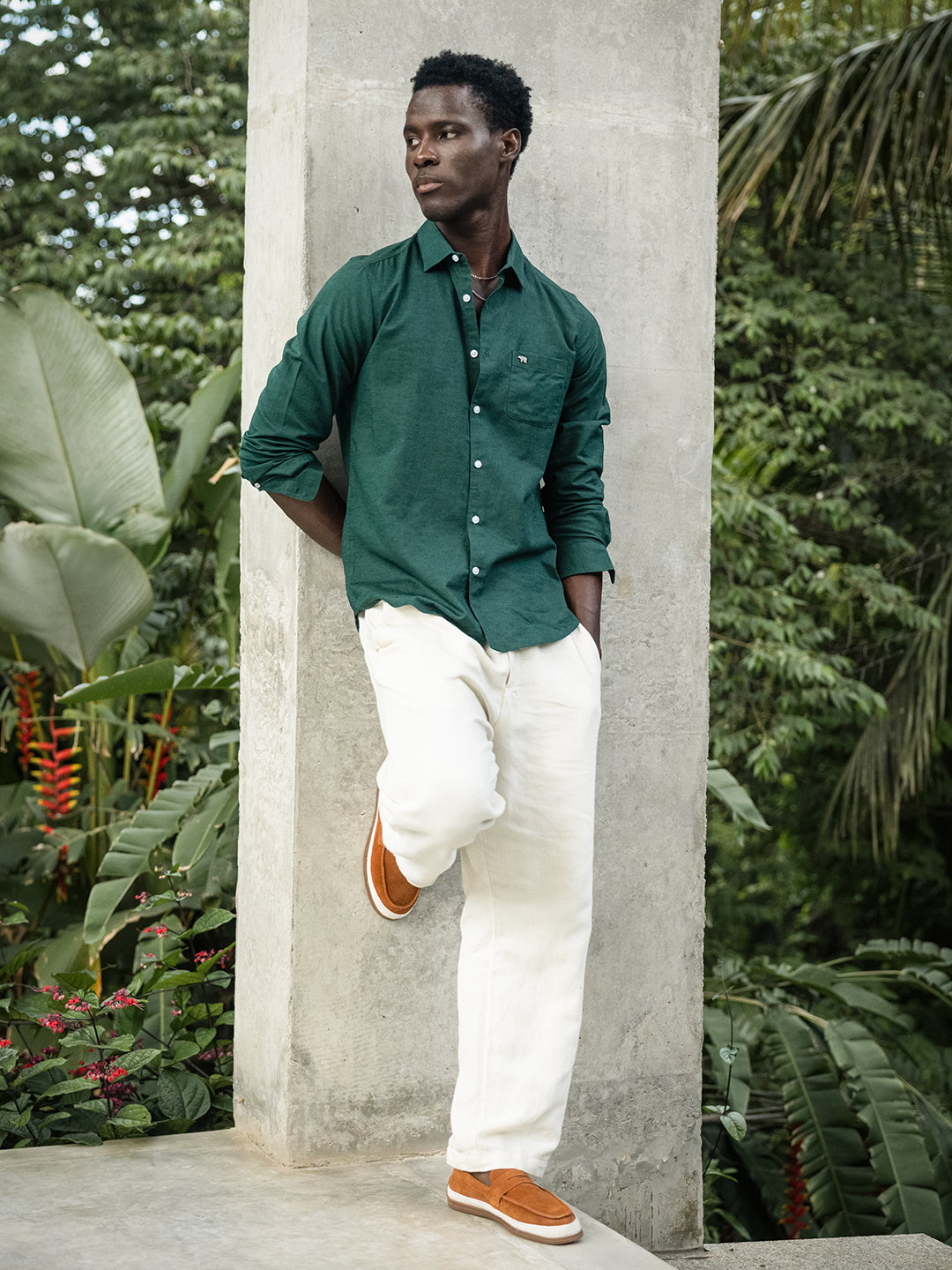Men Green Cotton Linen Solid Shirt