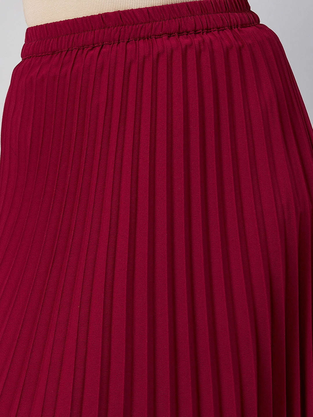 Maroon Solid Pleated A-Line Midi Skirt