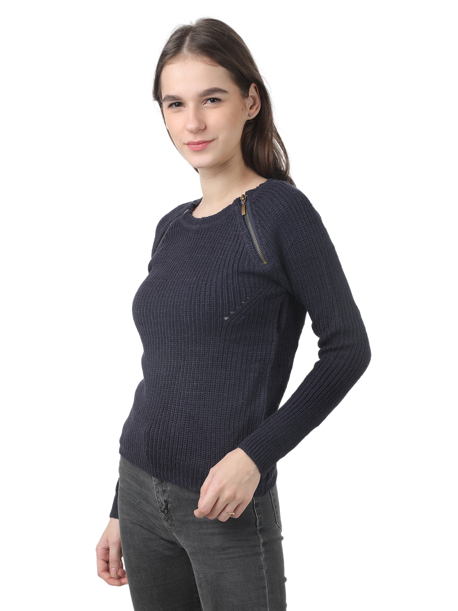 Women Blue Zip Sweater