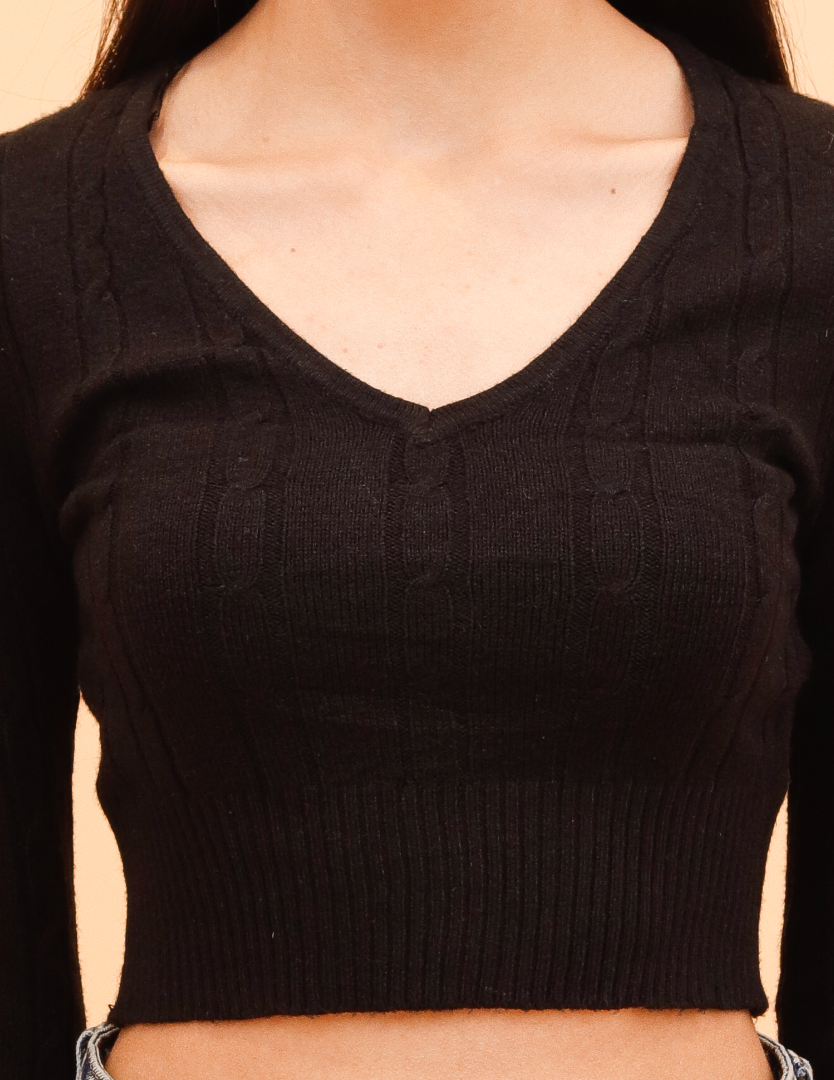 Women Black V Neck Long Sleeve Crop