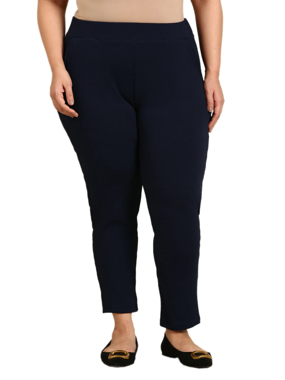 Women Navy Embossed Stretch Pants