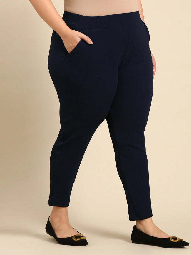 Women Navy Embossed Stretch Pants