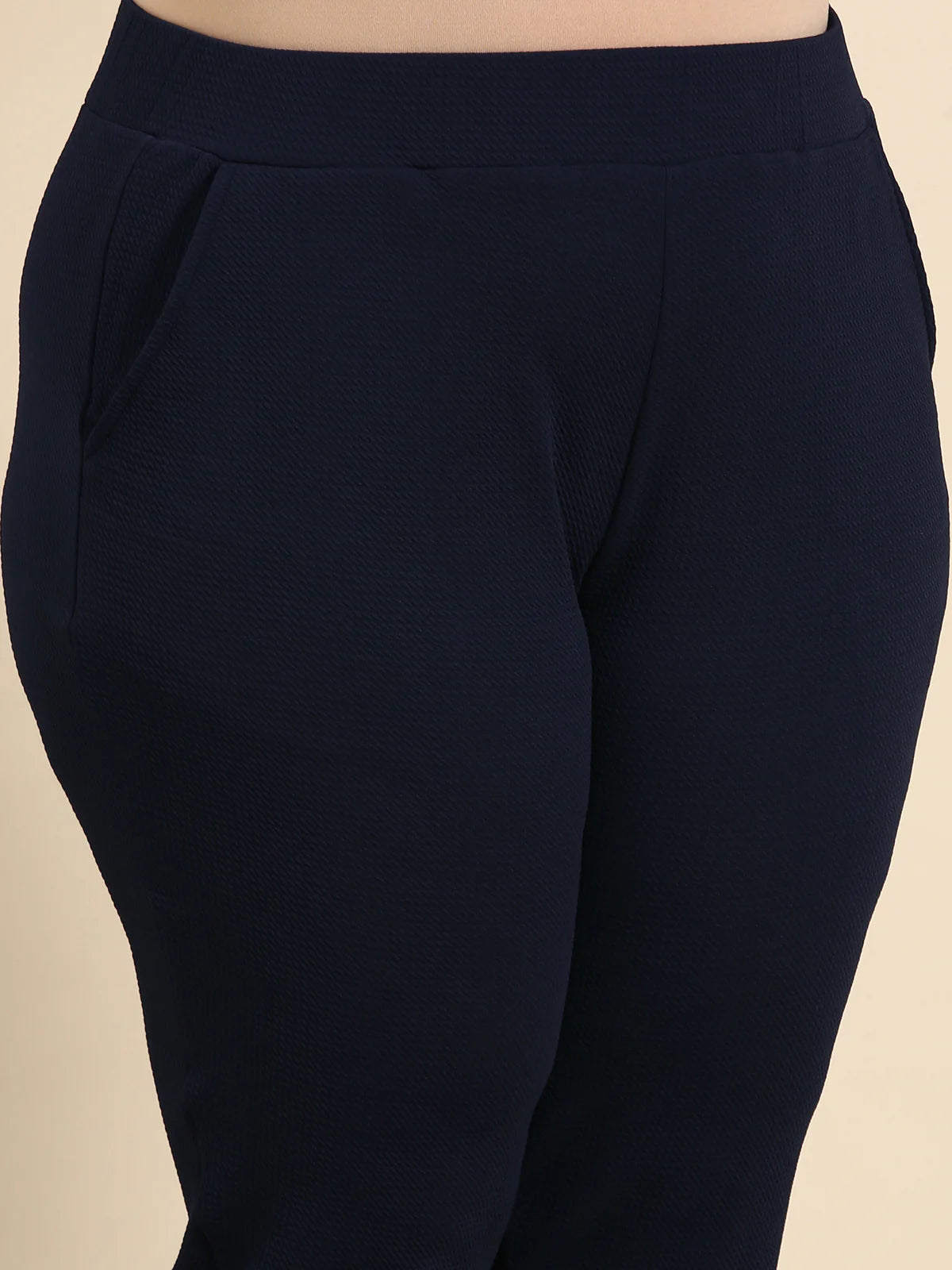 Women Navy Embossed Stretch Pants