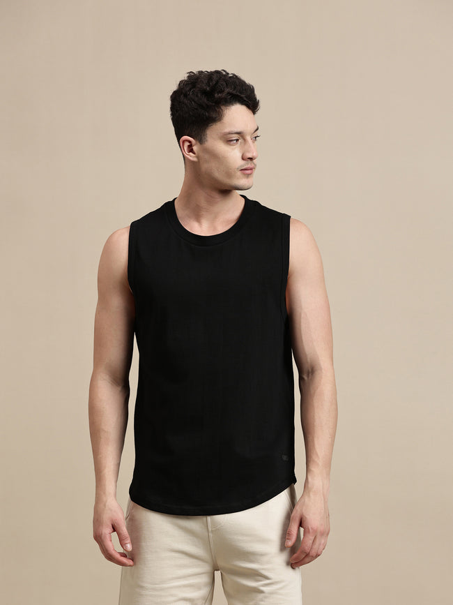 Men Black Sleeveless Cotton T-Shirt