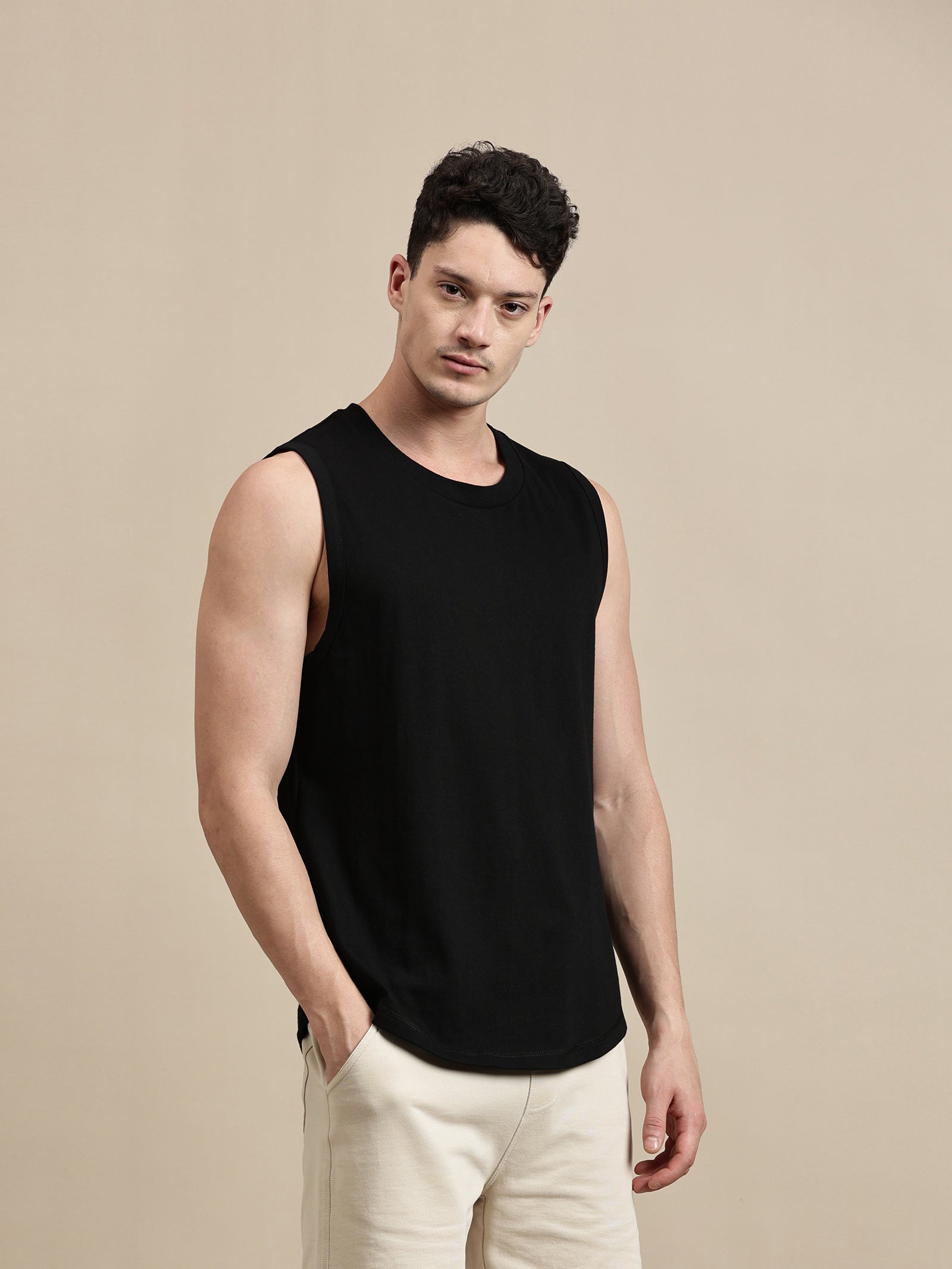 Men Black Sleeveless Cotton T-Shirt