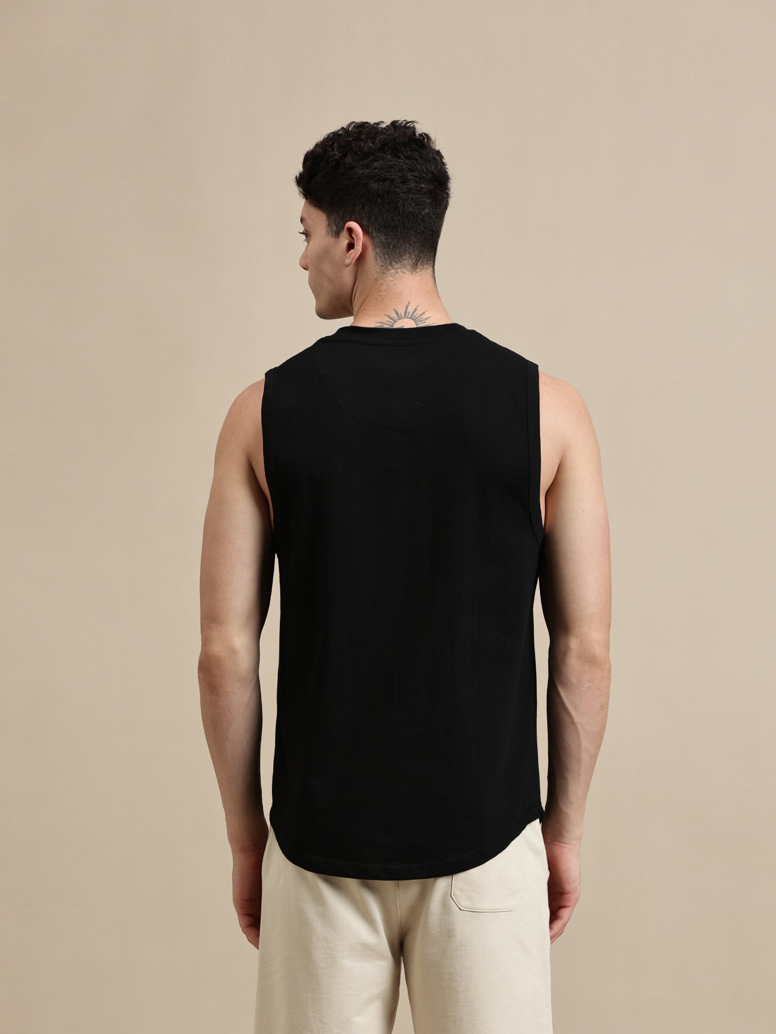 Men Black Sleeveless Cotton T-Shirt
