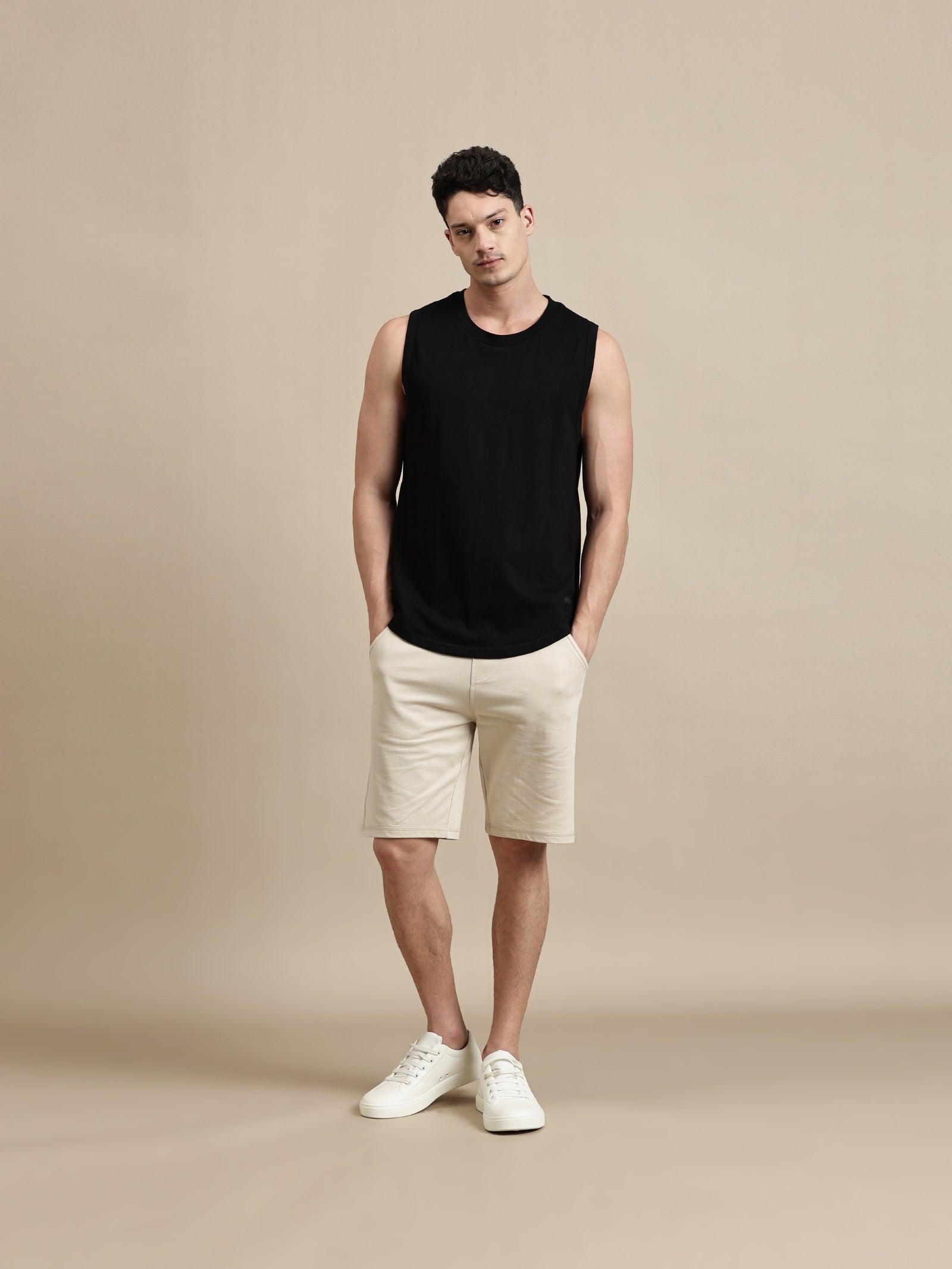 Men Black Sleeveless Cotton T-Shirt